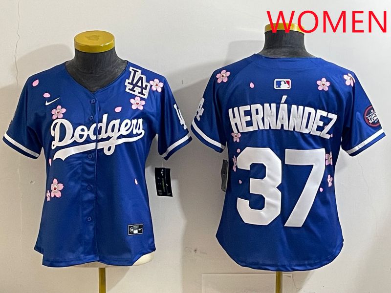 Women Los Angeles Dodgers #37 Hernandez Blue Sakura Edition 2025 Nike MLB Jersey style 8
